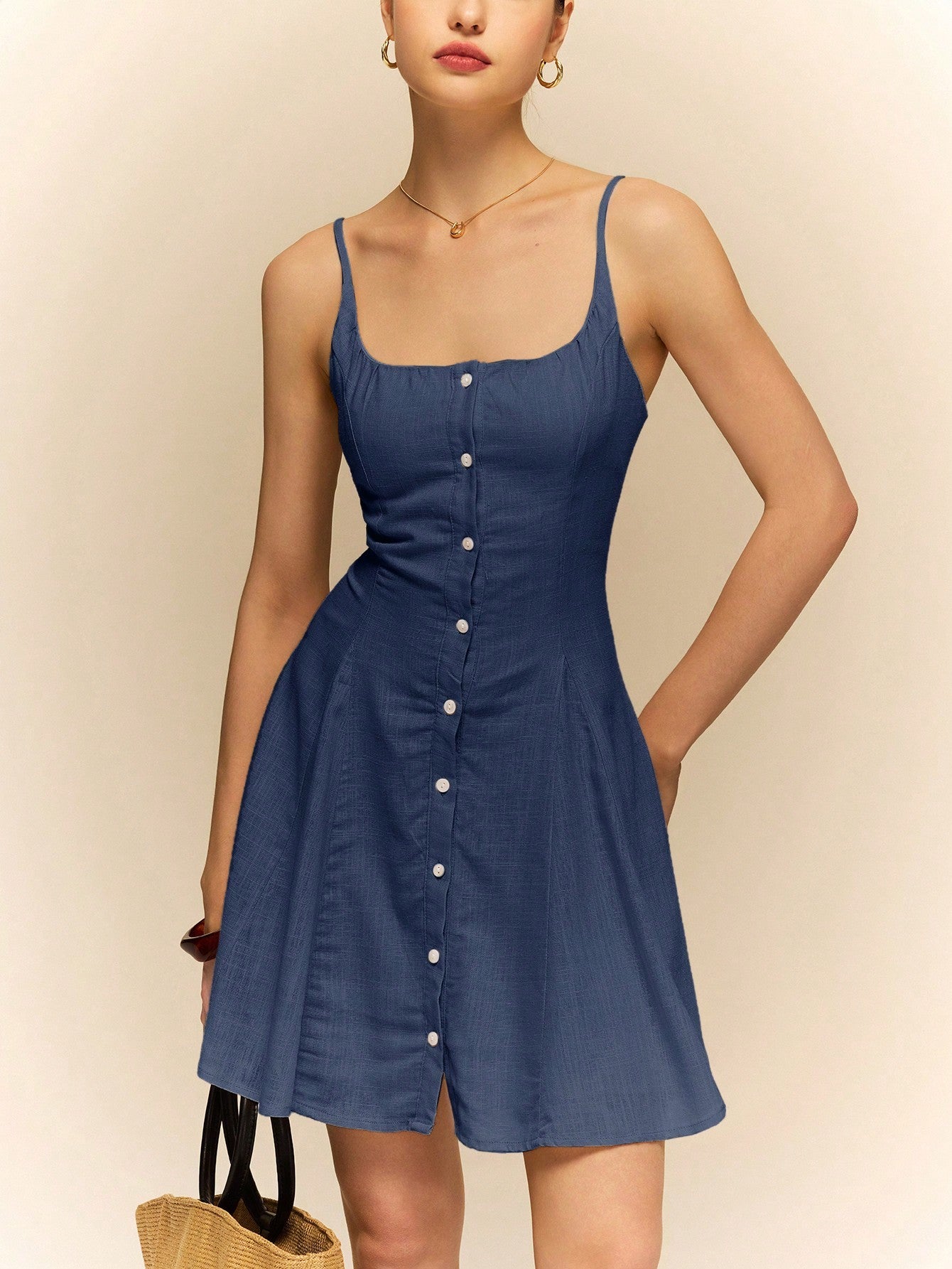 Linen Dress Halter Front Center Button Decoration Comfortable