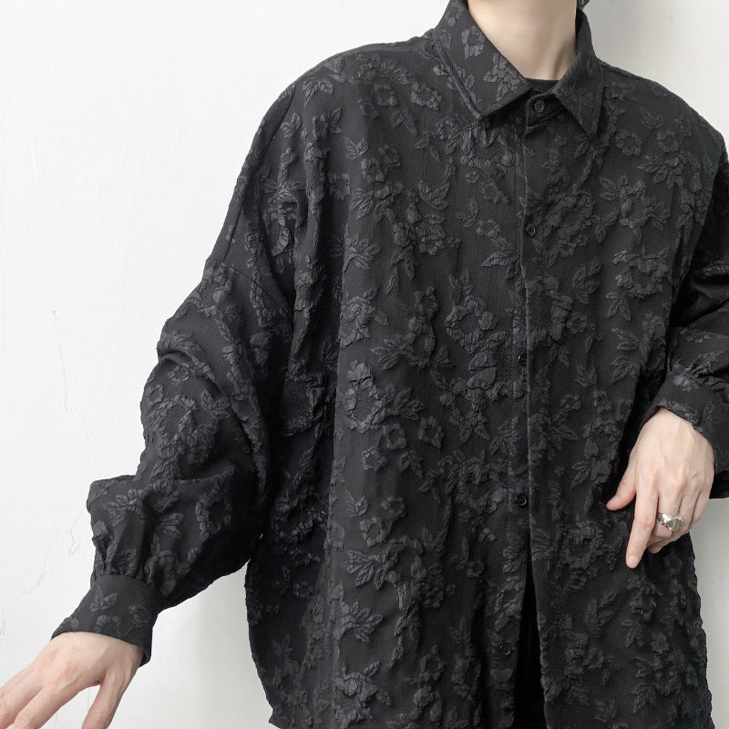 Men's Dark Jacquard Embossed Pleated Long Sleeve Shirt Coat