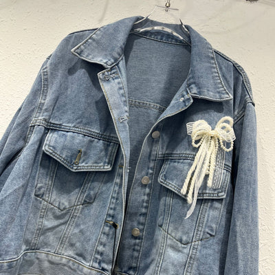 Fashion Lace Bow Patchwork Denim Jacket