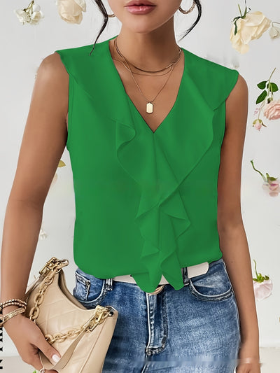 Pure Color Ruffles Sleeveless Chiffon Shirt