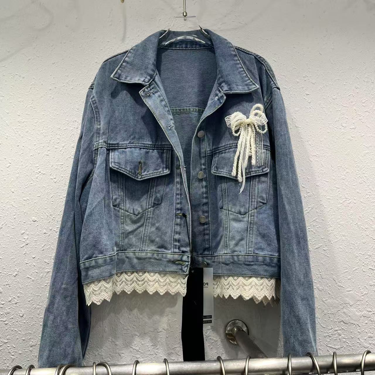 Fashion Lace Bow Patchwork Denim Jacket