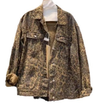 European Goods Street Leopard Print Denim Coat