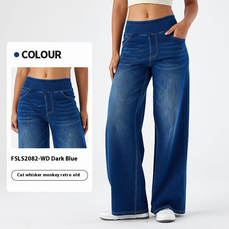 Women's High Waist Slimming Multi-pocket Straight Loose Wide-leg Jeans