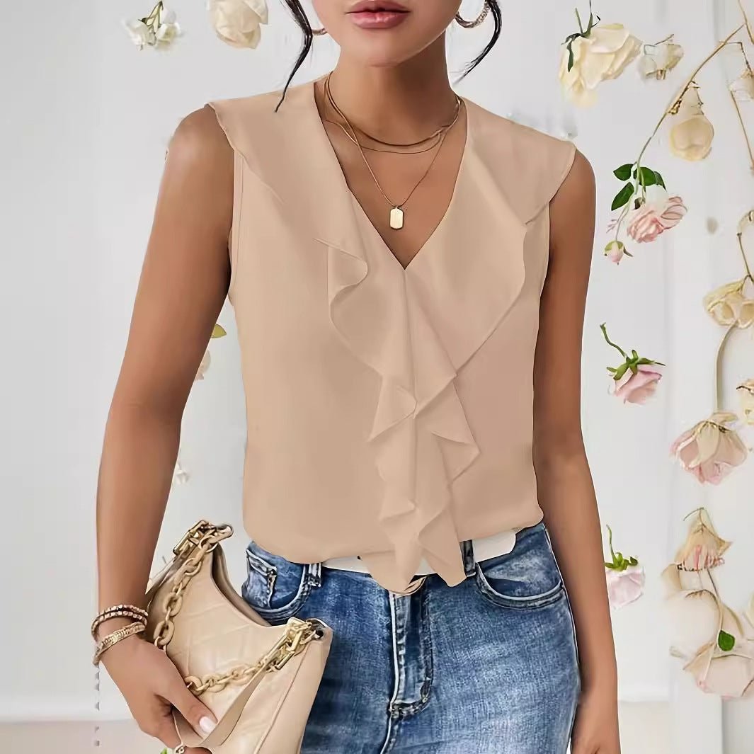 Pure Color Ruffles Sleeveless Chiffon Shirt