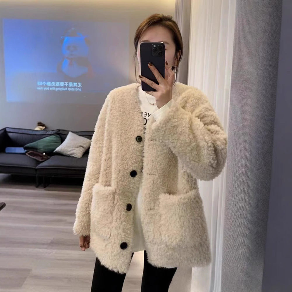 Loose And Warm Lamb Wool Top Coat For Women