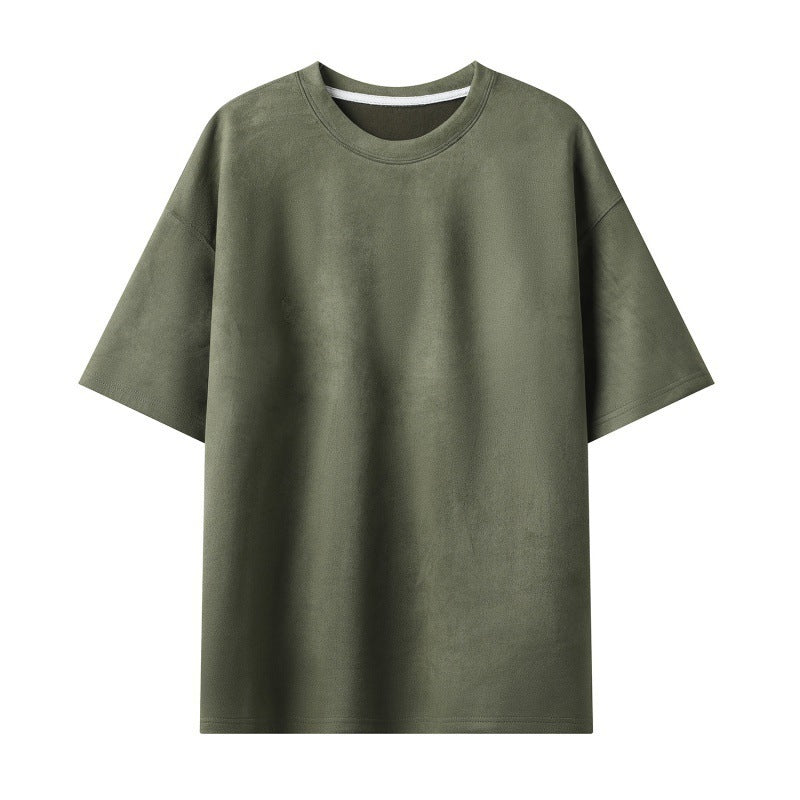 New Men's Second Section Solid Color Light Board Suede Loose Round Neck Pullover Short Sleeve T-shirt