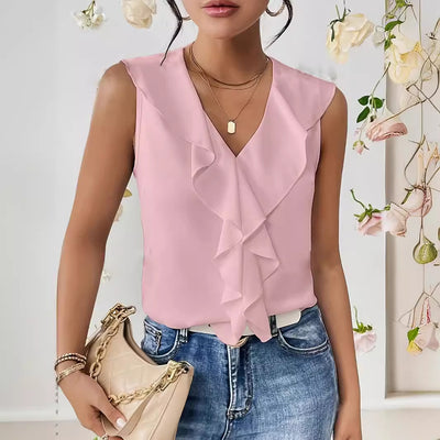 Pure Color Ruffles Sleeveless Chiffon Shirt