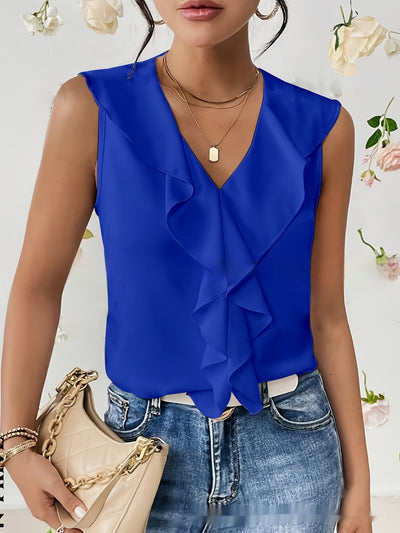 Pure Color Ruffles Sleeveless Chiffon Shirt