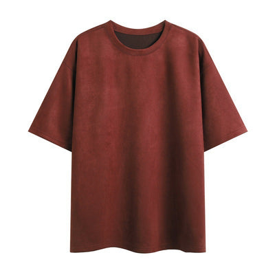 New Men's Second Section Solid Color Light Board Suede Loose Round Neck Pullover Short Sleeve T-shirt