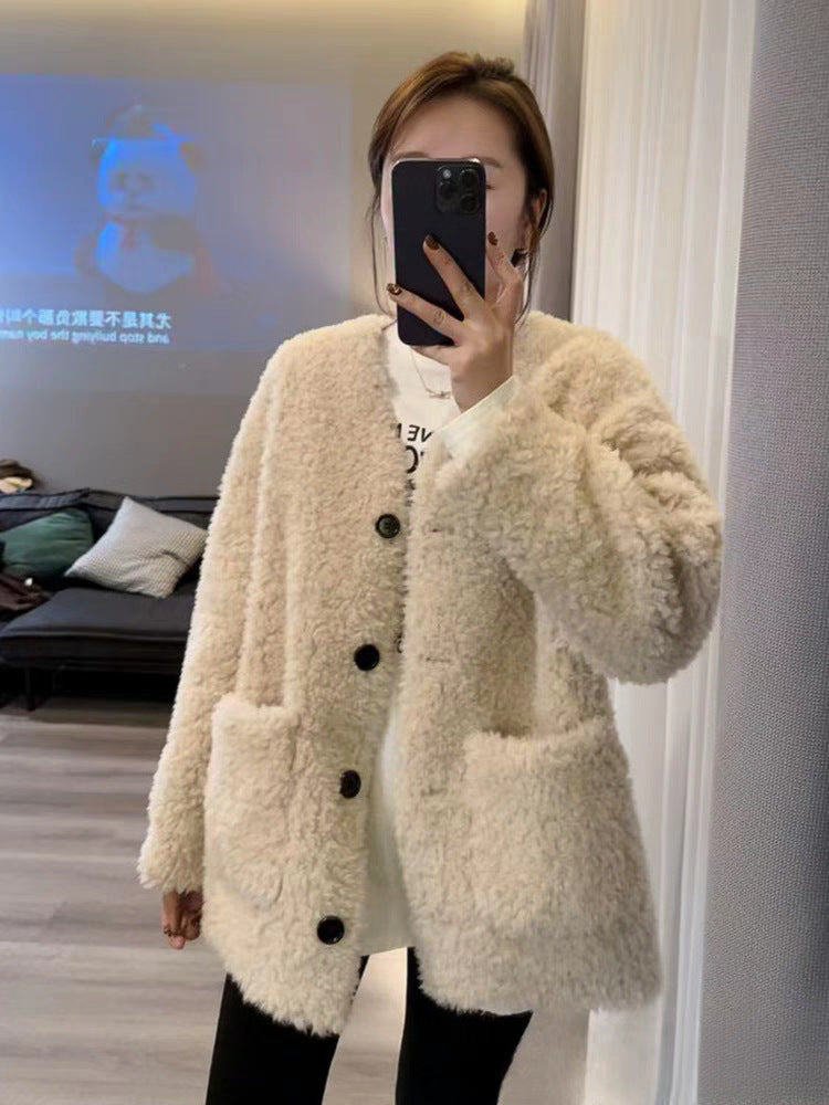 Loose And Warm Lamb Wool Top Coat For Women