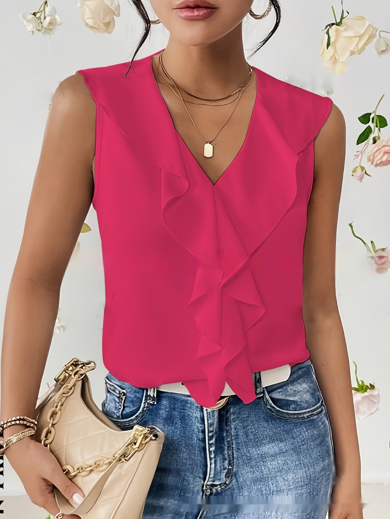 Pure Color Ruffles Sleeveless Chiffon Shirt