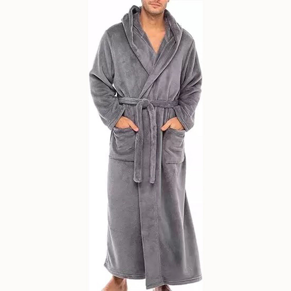 Warm Men's Plus Size Thickened Hook Patch Pocket Long Sleeve Nightgown