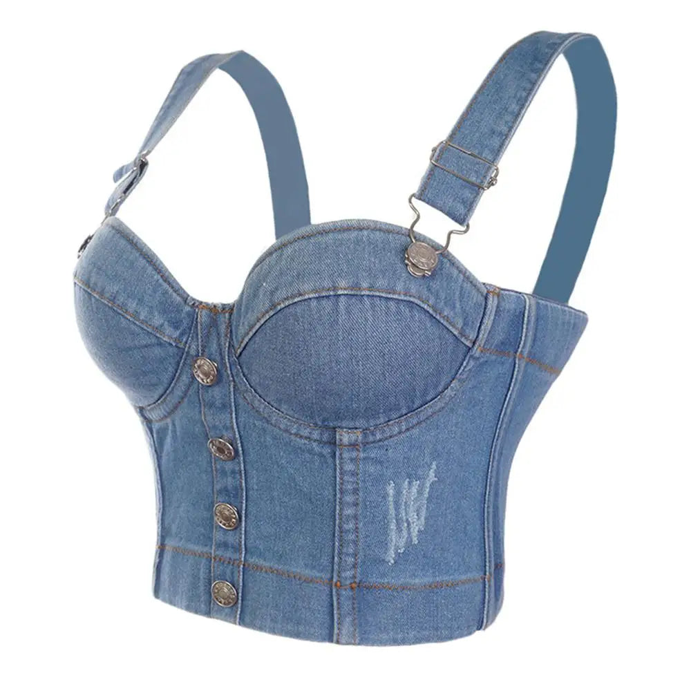 Sexy Denim Button Bustier Bra Jeans