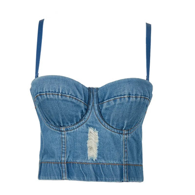 Sexy Denim Button Bustier Bra Jeans