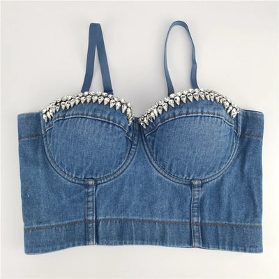 Sexy Denim Button Bustier Bra Jeans