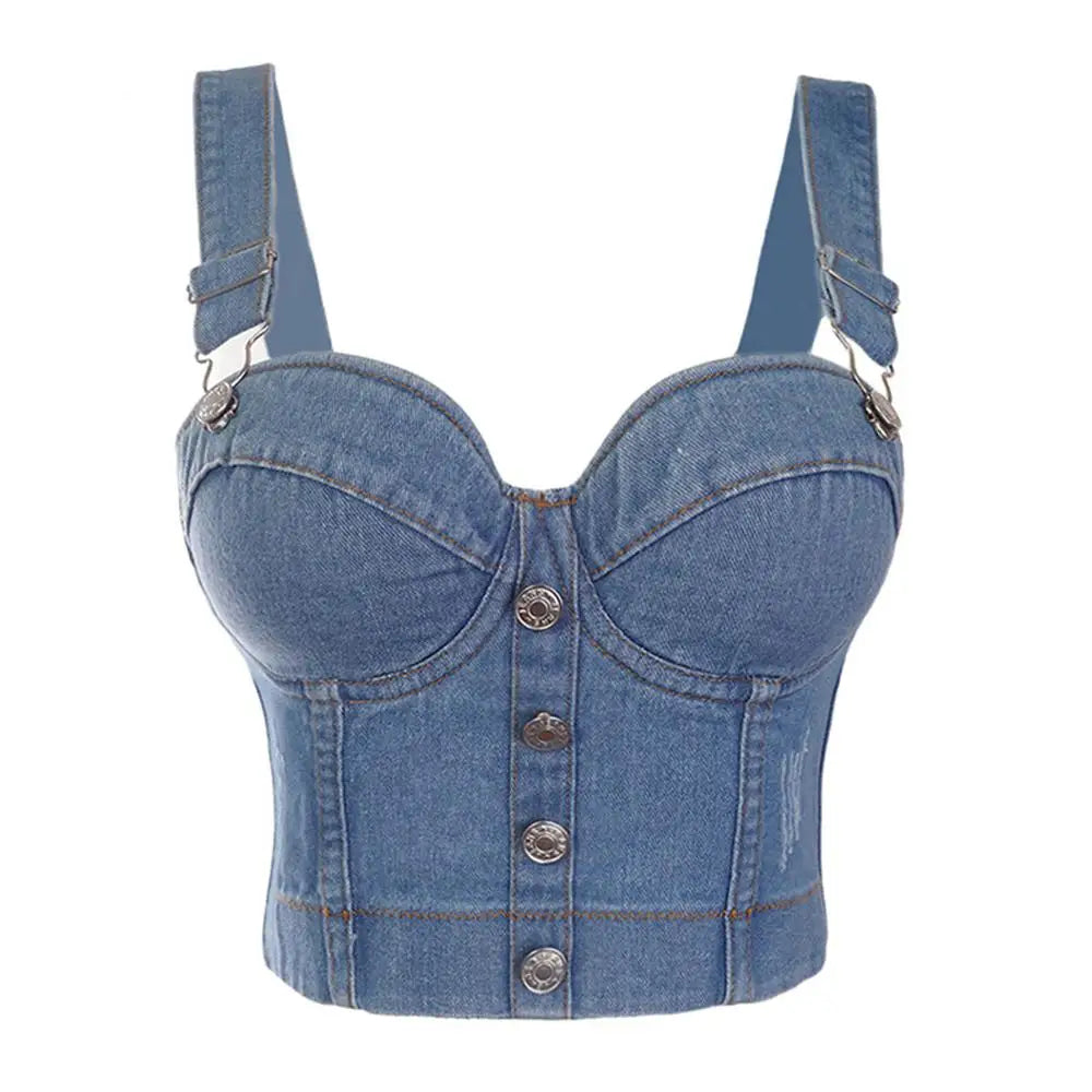 Sexy Denim Button Bustier Bra Jeans