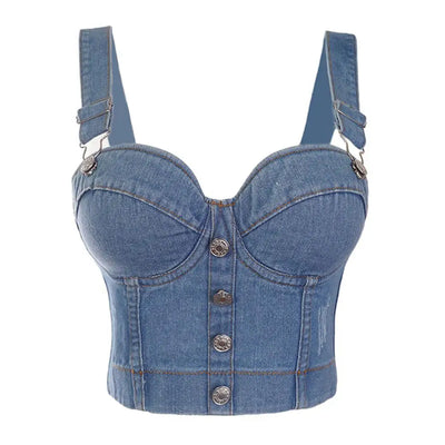 Sexy Denim Button Bustier Bra Jeans