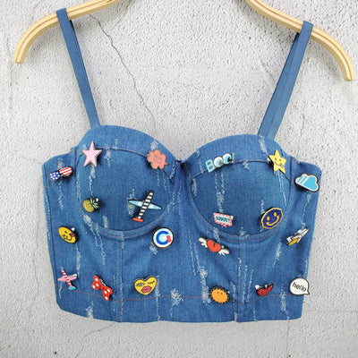 Sexy Denim Button Bustier Bra Jeans