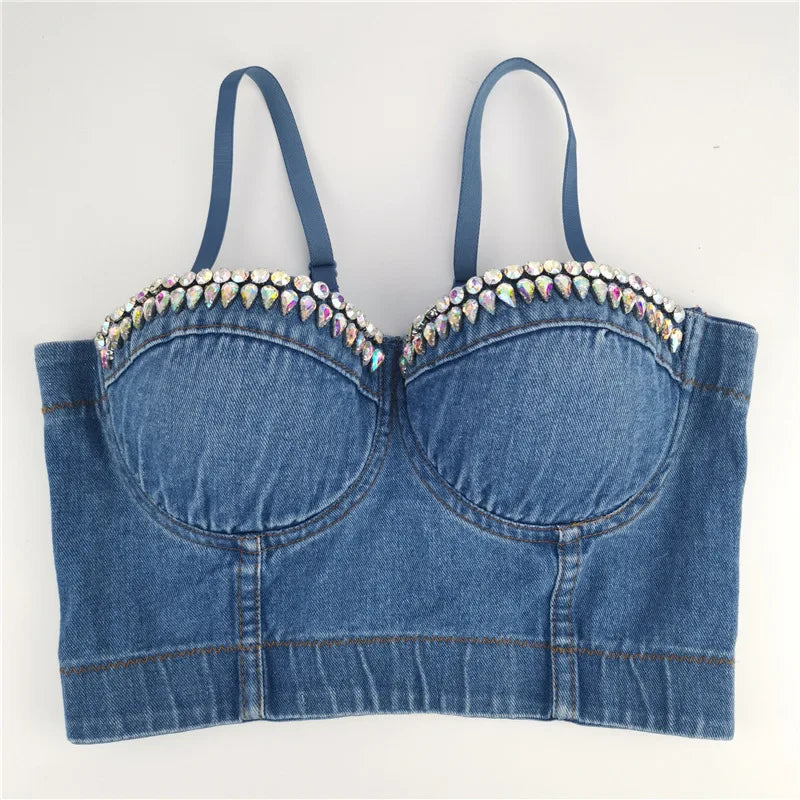 Sexy Denim Button Bustier Bra Jeans