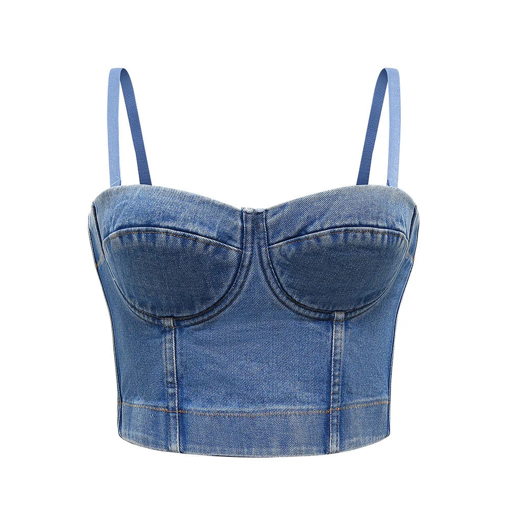 Sexy Denim Button Bustier Bra Jeans