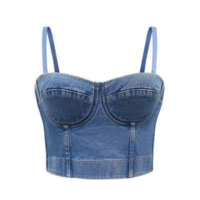 Sexy Denim Button Bustier Bra Jeans