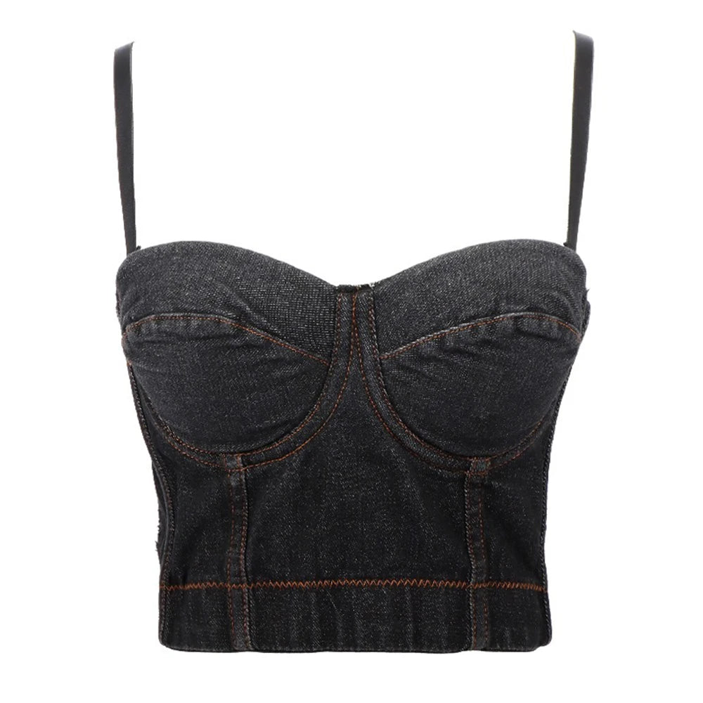 Sexy Denim Button Bustier Bra Jeans