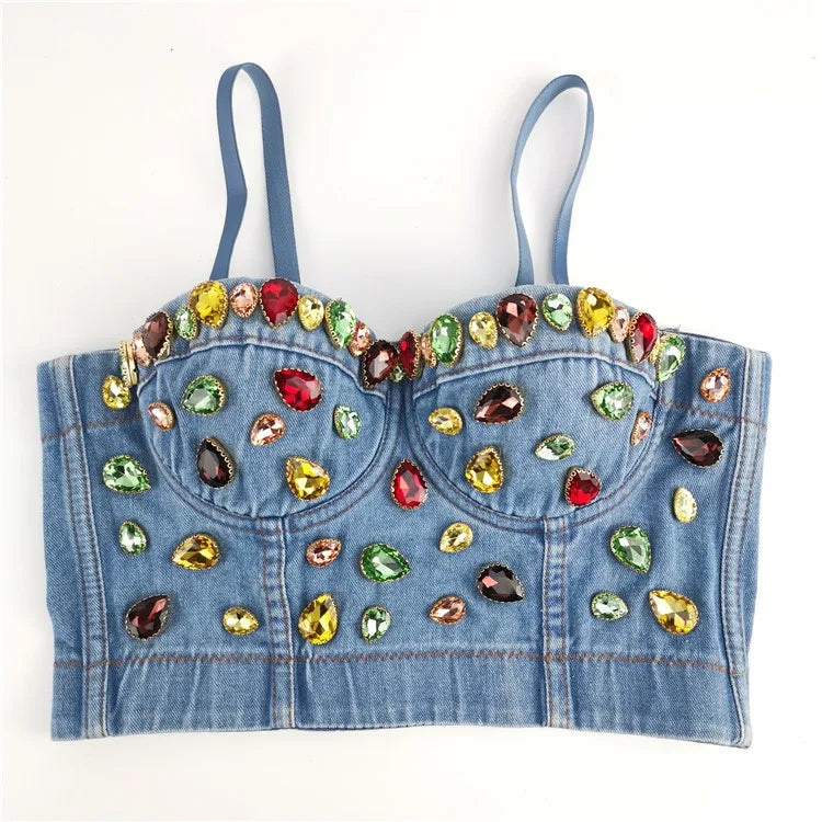 Sexy Denim Button Bustier Bra Jeans