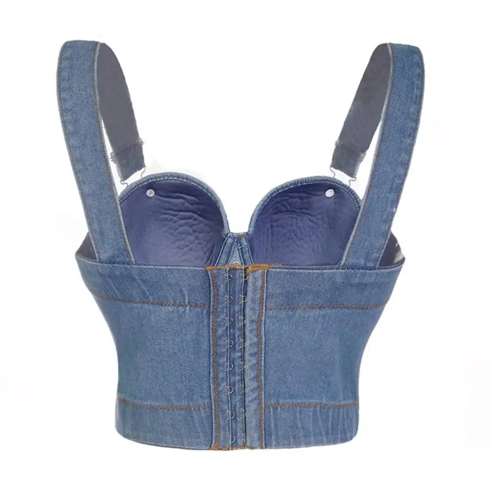 Sexy Denim Button Bustier Bra Jeans