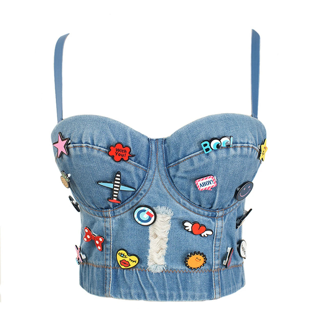 Sexy Denim Button Bustier Bra Jeans