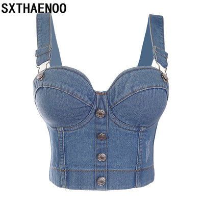 Sexy Denim Button Bustier Bra Jeans