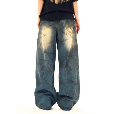 Wide Leg Straight Waste Soil Wind Contrast Color Inkjet Jeans Men