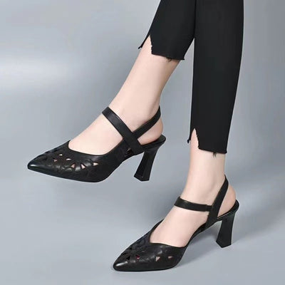 Fashion High Heel Sandals Pointed Toe Soft Leather Hollow High Heels