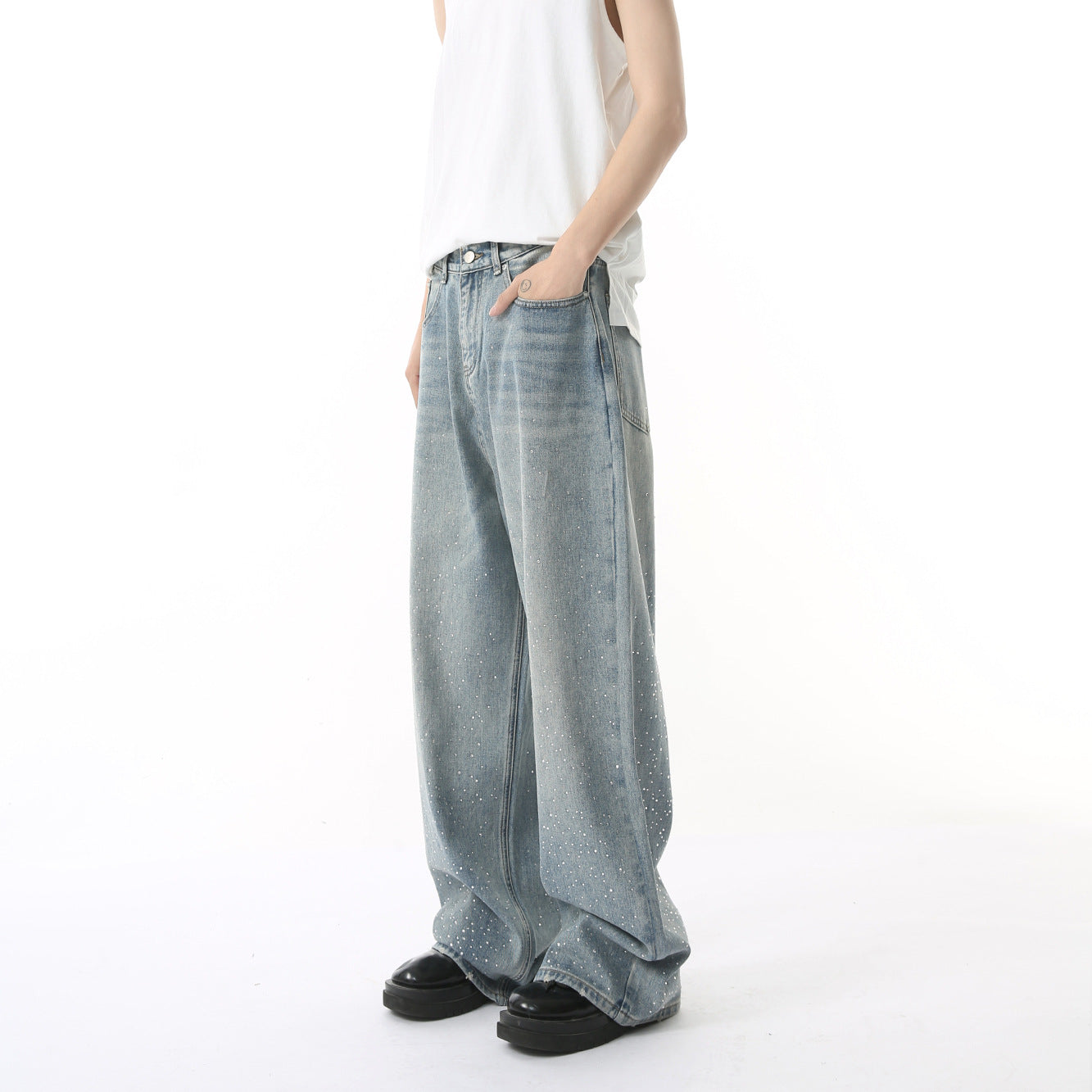 Hot Rhinestone Fashionable Loose Straight Loose Washed-out Jeans Fashion