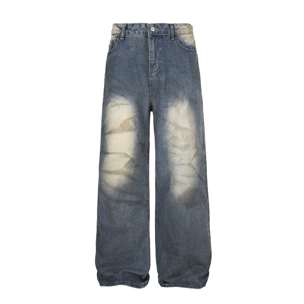 Wide Leg Straight Waste Soil Wind Contrast Color Inkjet Jeans Men