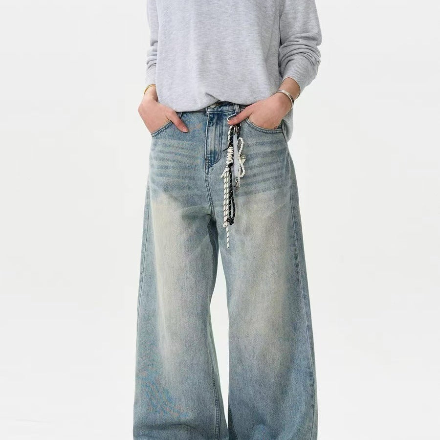 Washed Straight-leg Pants Worn Jeans Men's Loose Wide Leg