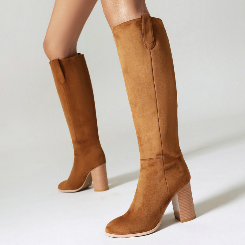 Long Boots Female Suede Chunky Heel Round Toe