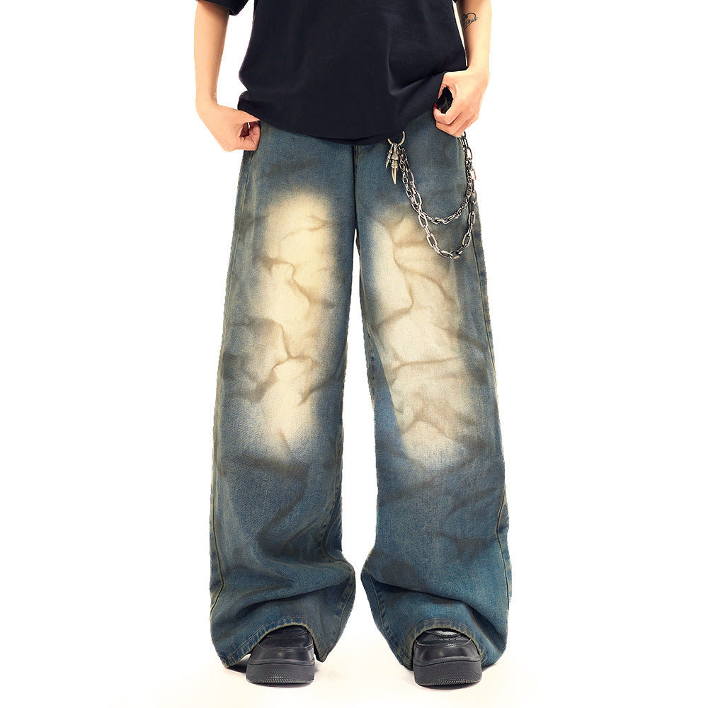 Wide Leg Straight Waste Soil Wind Contrast Color Inkjet Jeans Men