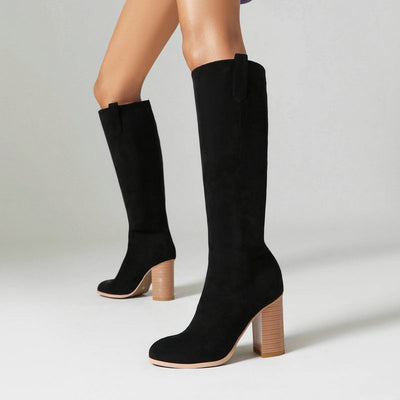 Long Boots Female Suede Chunky Heel Round Toe