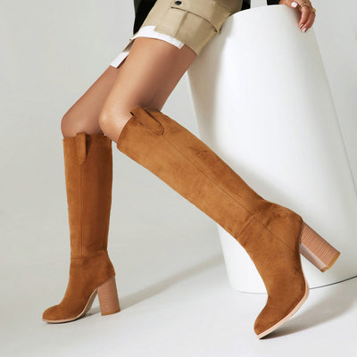 Long Boots Female Suede Chunky Heel Round Toe