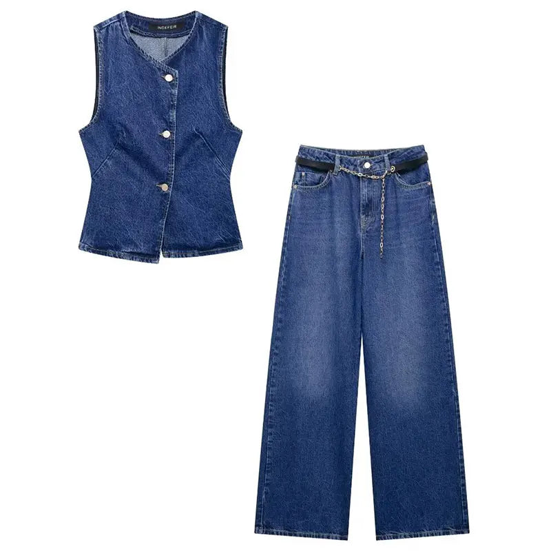 Women Denim Trousers & Cropped Vest Top