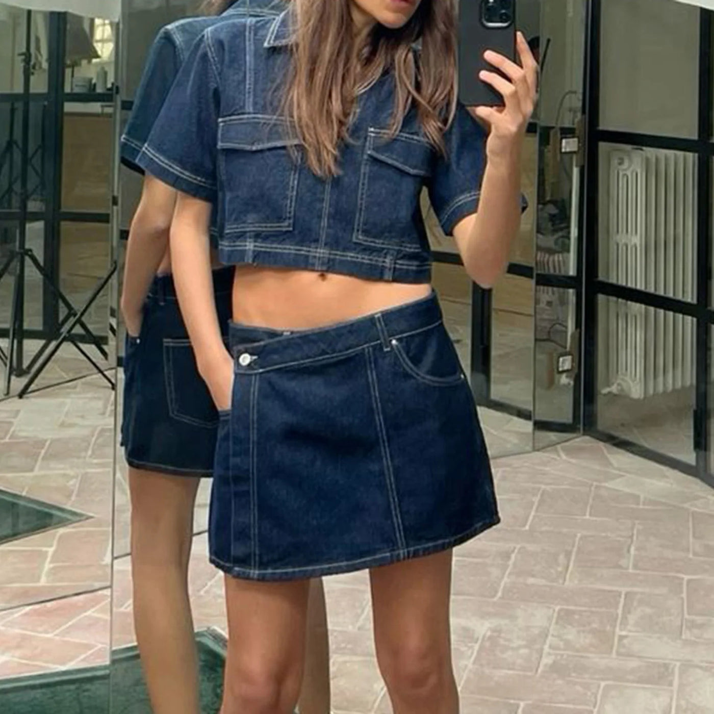 Women Denim 2 Piece Set V Neck