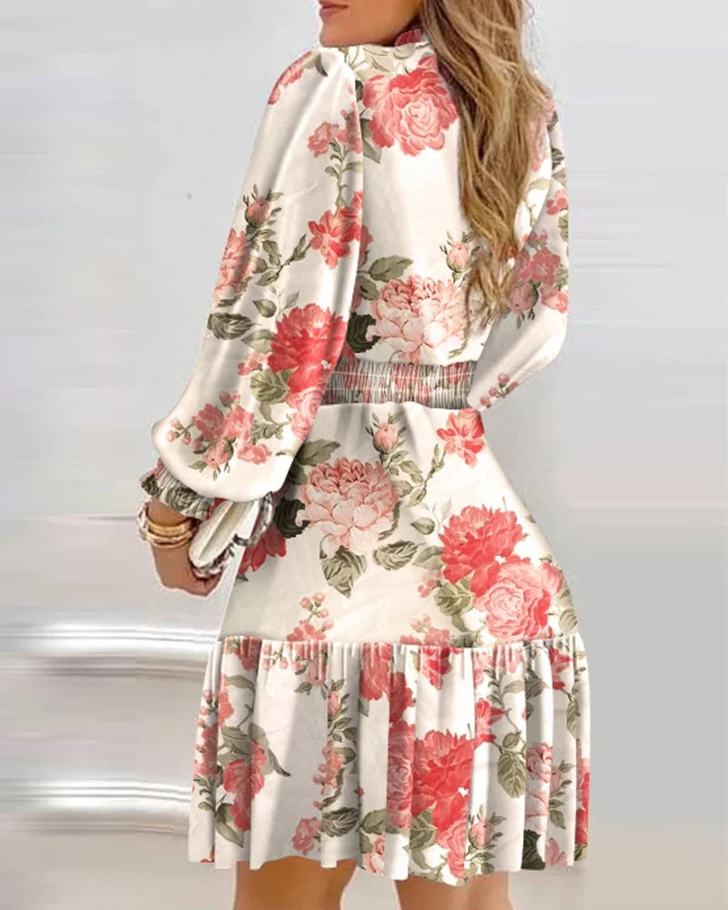 Women Floral Print Shirred Dress