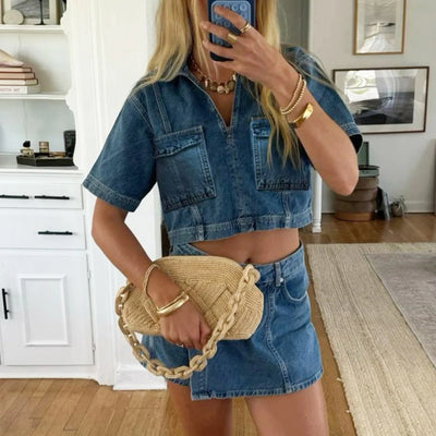 Women Denim 2 Piece Set V Neck