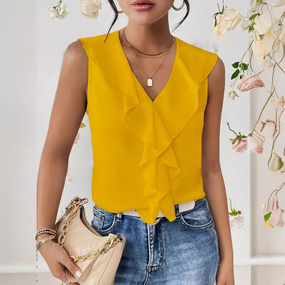 Pure Color Ruffles Sleeveless Chiffon Shirt