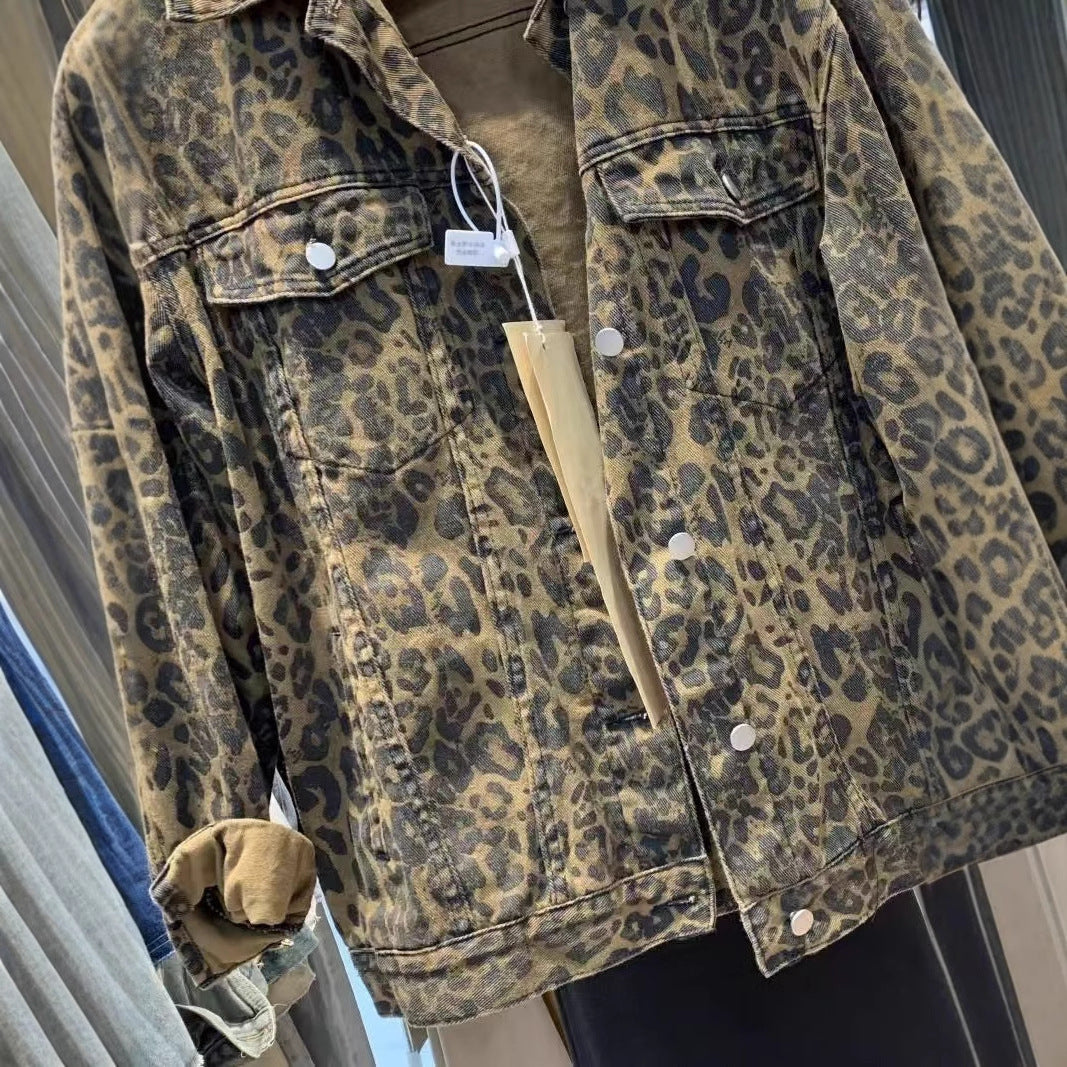 European Goods Street Leopard Print Denim Coat