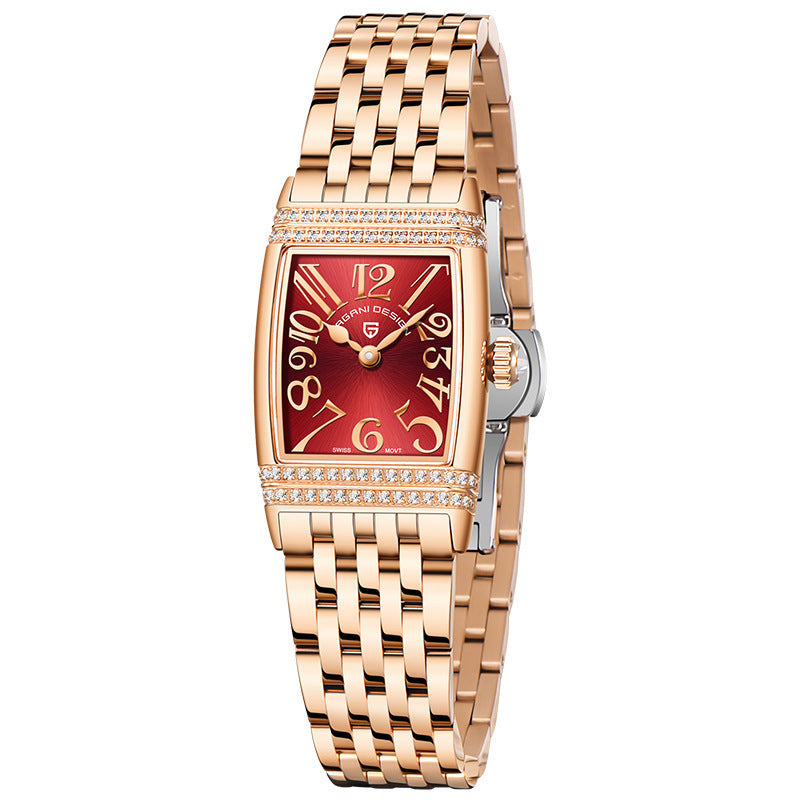 Women's Fashion Shell Face Square Quartz Watch With Diamonds