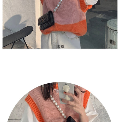 Retro Contrast Color Knitted Vest Fashion Sweater With Short Sleeves