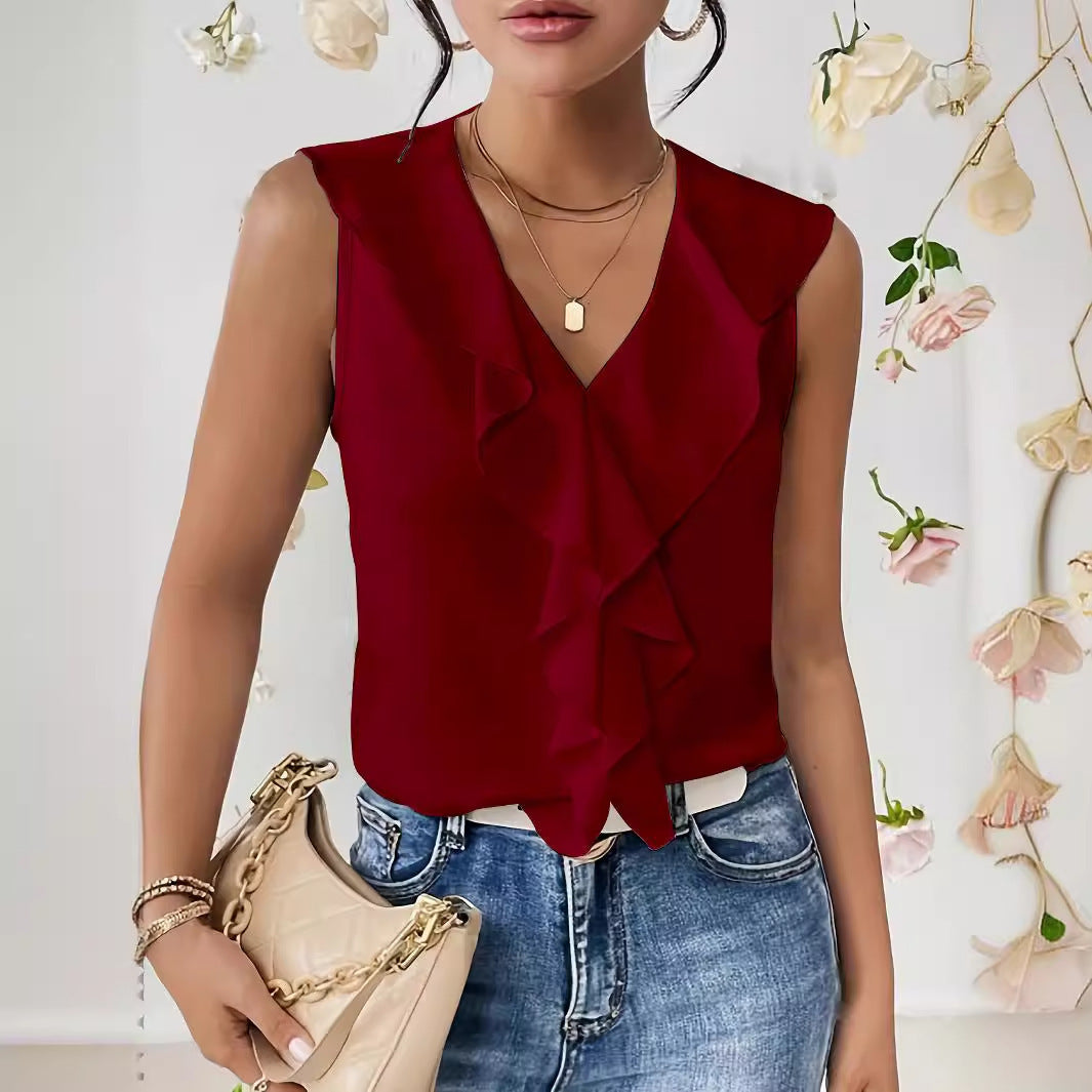 Pure Color Ruffles Sleeveless Chiffon Shirt