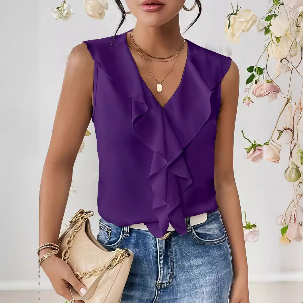 Pure Color Ruffles Sleeveless Chiffon Shirt