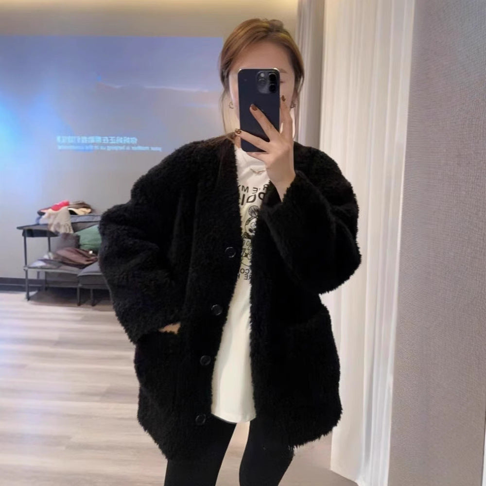 Loose And Warm Lamb Wool Top Coat For Women